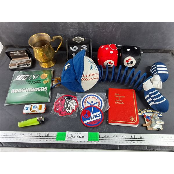 Harley Davidson Calendar, Roughriders Gold Plated Loonie, Patches, Rear View Mirror Dice, Misc
