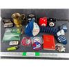 Image 1 : Harley Davidson Calendar, Roughriders Gold Plated Loonie, Patches, Rear View Mirror Dice, Misc