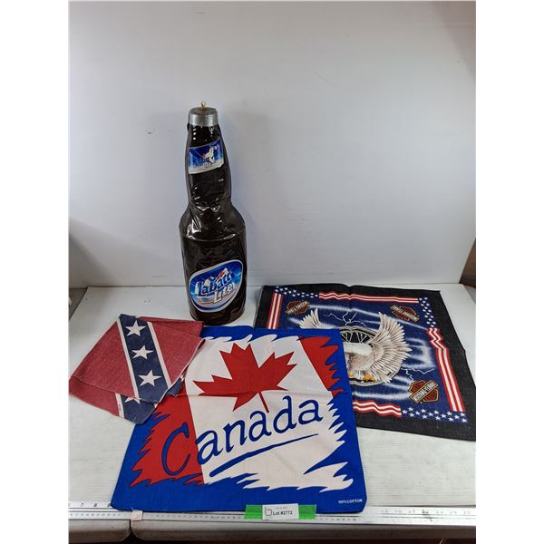 Labatt Lite Inflatable Beer Bottle, (3) Placemats - Harley Davidson, Confederate Flag, Canada