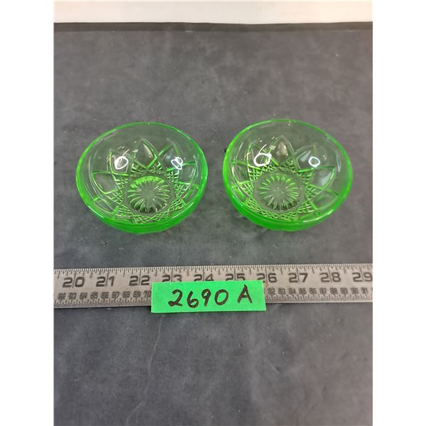 (2) Vintage Uranium 'Poppy Green' Depression Glass Dessert Bowls