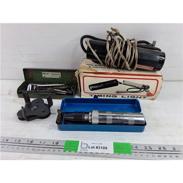 Assorted Hex Wrenches, Filter Wrench, Arrow Timing Light, Impact Type Driver