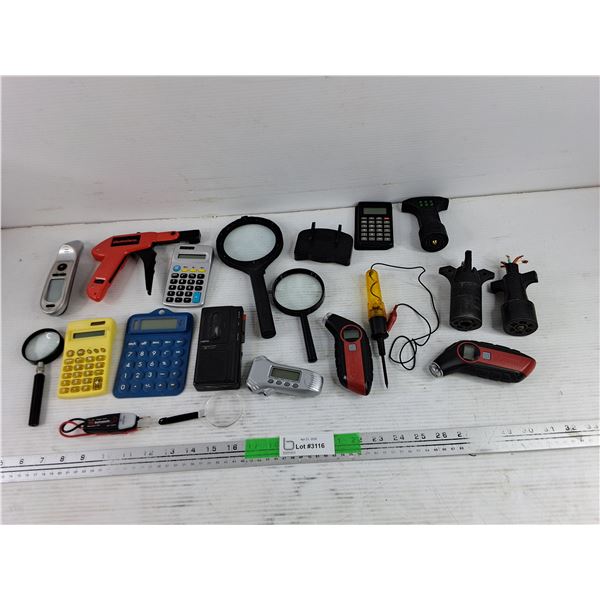 Calculators, Magnifying Glasses, Tire Gauges, Sanyo Recorder, As Is, Misc