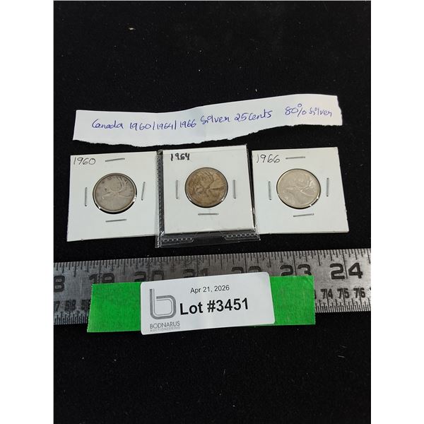 (3) Canadian Quarters from 1960, 1964, 1966