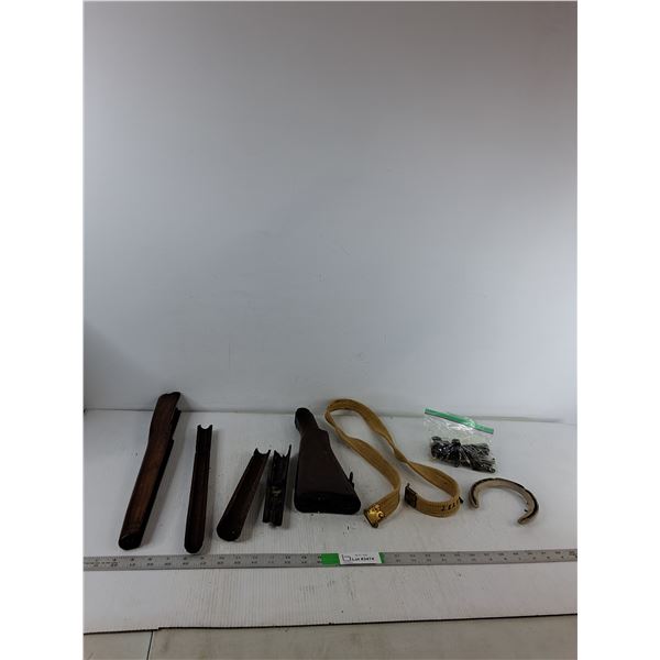 Wooden Rifle Stock Pieces, Belt, Horseshoes, Misc