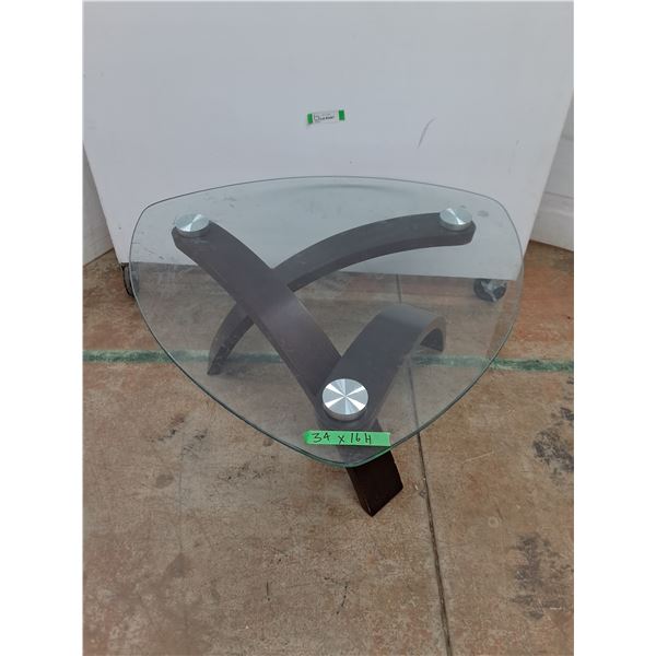 * 3-Legged Glass-Top Triangle Coffee Table - 34" Wide x 16" Height - PICK UP ONLY
