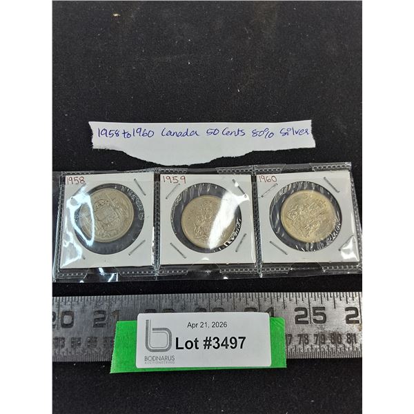 (3) Canadian 50 Cent Coins from 1958, 1959, 1960