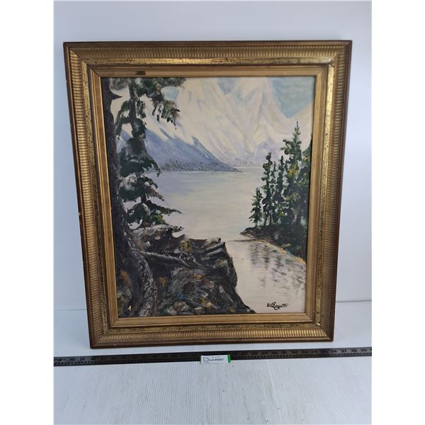 * Vintage Wood Framed 25" x 29" "Mountain Lake" Painting by E.Borycki - PICK UP