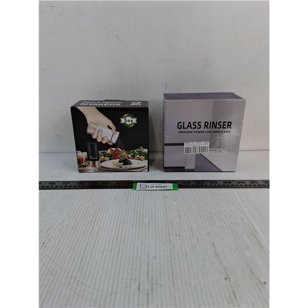 NIB Salt & Pepper Shakers, Glass Rinser