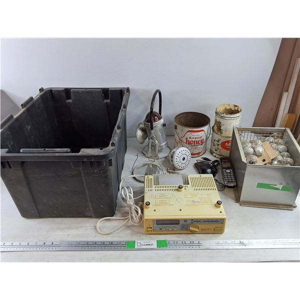 *Railroad Lantern, Vintage Cans, Spacemaker AM/FM Radio - Powers On, As Is, Plastic Tote, Scissors