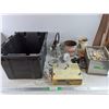 Image 1 : *Railroad Lantern, Vintage Cans, Spacemaker AM/FM Radio - Powers On, As Is, Plastic Tote, Scissors
