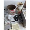 Image 5 : *Railroad Lantern, Vintage Cans, Spacemaker AM/FM Radio - Powers On, As Is, Plastic Tote, Scissors