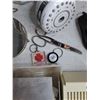Image 6 : *Railroad Lantern, Vintage Cans, Spacemaker AM/FM Radio - Powers On, As Is, Plastic Tote, Scissors