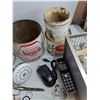 Image 8 : *Railroad Lantern, Vintage Cans, Spacemaker AM/FM Radio - Powers On, As Is, Plastic Tote, Scissors
