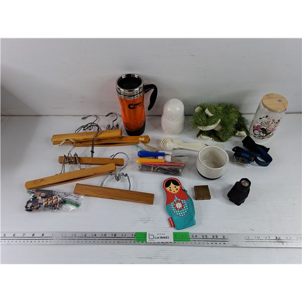Stacking Doll, Stuffed Frog, Measuring Spoons, Hangers, Forehead Light, Insulated Cup, Misc