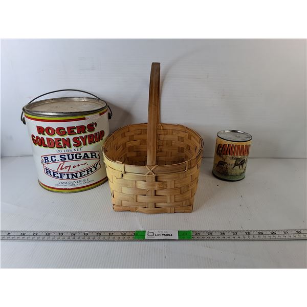 Woven Basket, Rogers' Golden Syrup 8.5" Tall & Canimals Tins- Empty