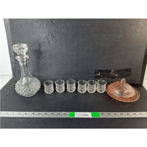 Glass Decanter, (6) Shot Glasses & Candy Dish - Pick Up Preferred