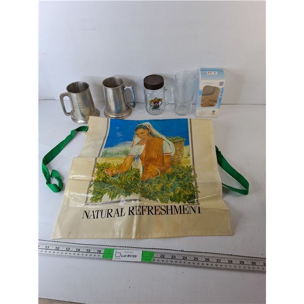 Stainless Steel Beer Steins, Loretta Lynn & Vancouver 2010 Glasses, Brooke Bond Apron