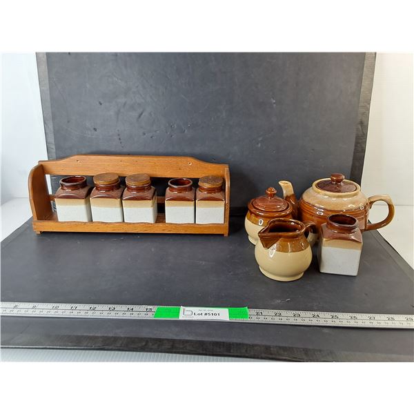 Stoneware Tea Set, Spice Jars & Wooden Shelf 15.5" x 3" x 5.5" -Pick Up Preferred