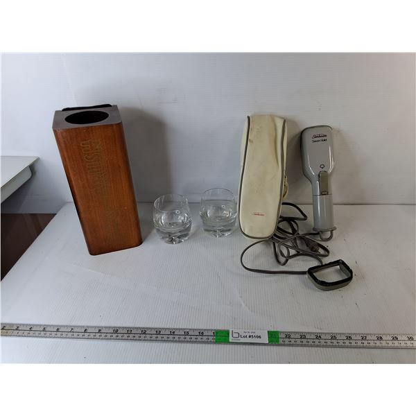 (2) Whisky Glasses, Sunbeam Steam Valet- Powers On, Wooden Wine Bottle Holding/ Disq-Brush Advertisi