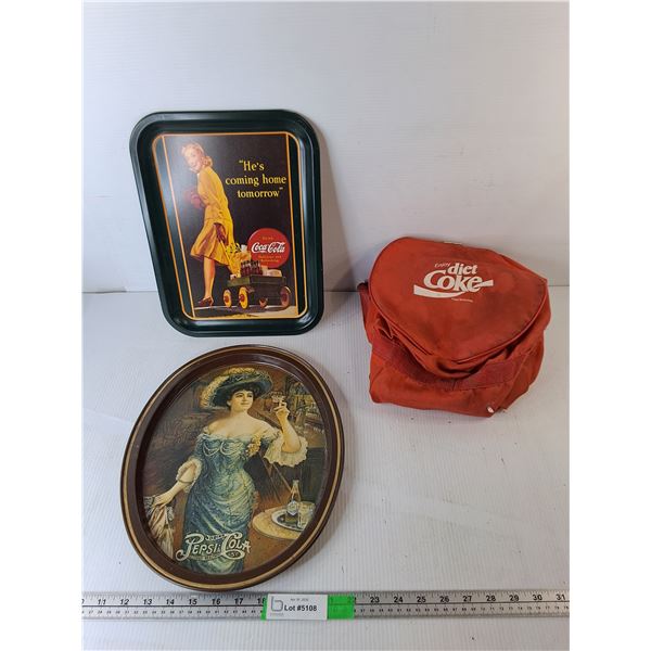 (2) Metal Coca-Cola Trays Up to 14.5" x 11.75" & Duffel Bag- Missing Zipper Pull