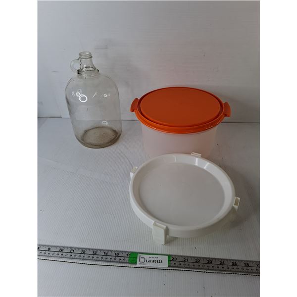 Glass Jug 12.5" & Tupperware Plastic Container 11" Diameter