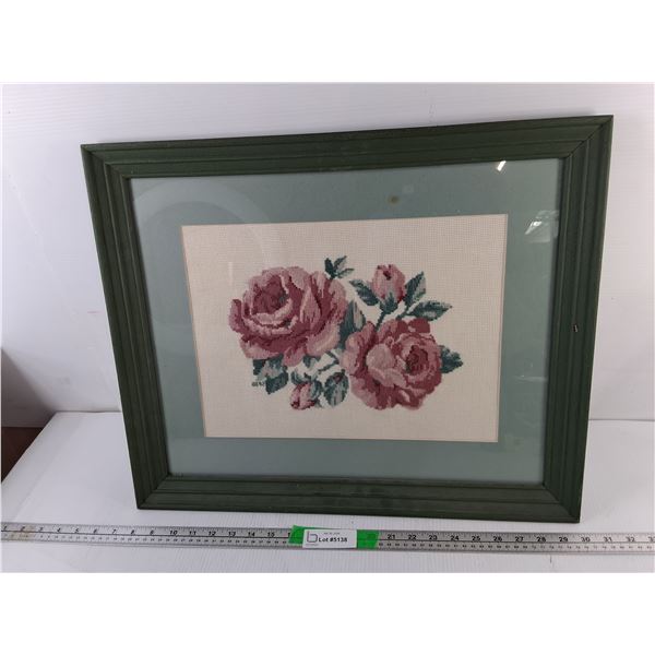 Framed Cross Stitched Rose Wall Art 22.5" x 18.5"- PICK UP
