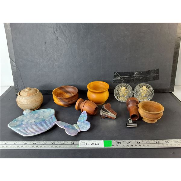 Wooden Pestle & Mortar Sets, Glass Candleholders, Staple Remover, Misc.