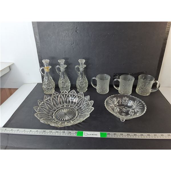 Glass Mugs, Footed Candy Bowl, Cruet Bottles, Misc.