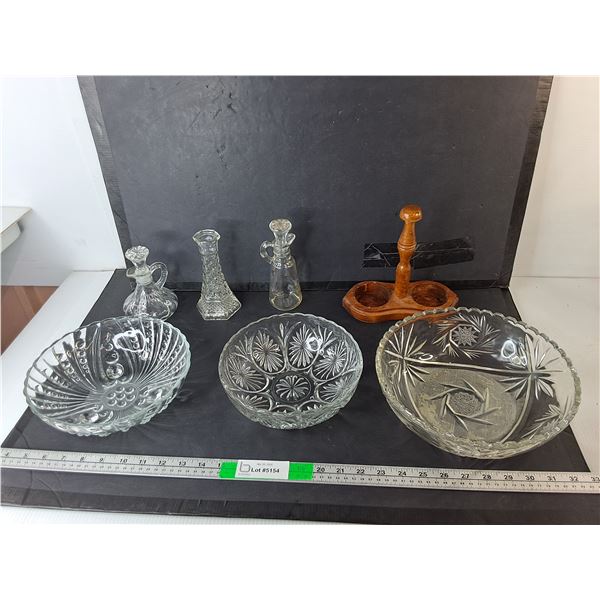 Crystal & Glass Bowls Up to 10" Diameter, Glass Candleholder, Cruet Bottles, Misc.