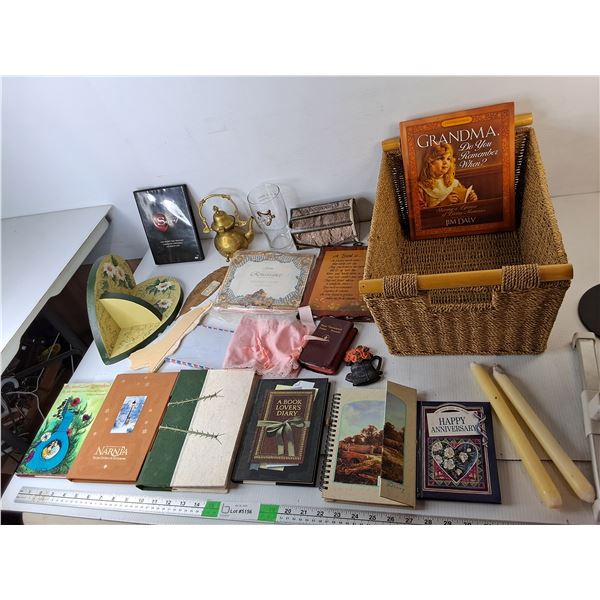 Journals, Wicker Basket 17" x 11.5" x 7", Brass Teapot, Misc. Cannot Ship