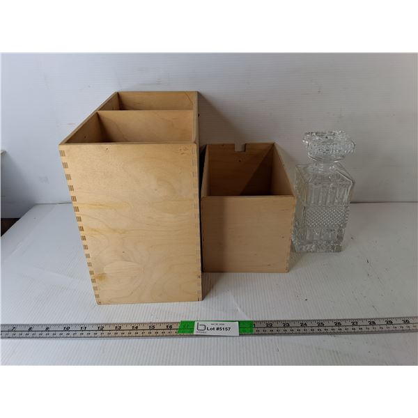(2) Wooden Storage Boxes Up to 13.25" x 6.75" x 10 .75" & Glass Decanter