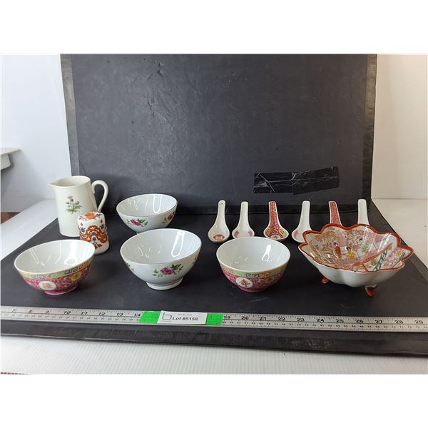 Asian Style Bowls, Soup Spoons, Creamer, Misc.