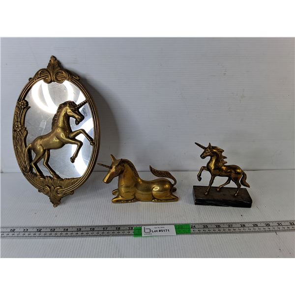 Brass Unicorn Figurines & Mirror 13" x 8"