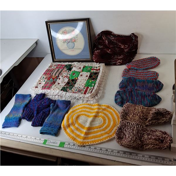 (6) Cloth Placemats, Knitted Slippers & Bag, Misc.
