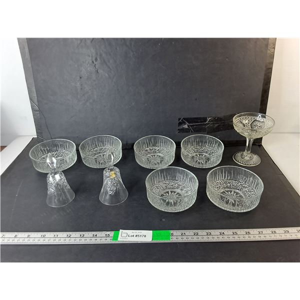 (6) Glass Bowls, Champagne Glass, (2) Bells- One Requires Repair