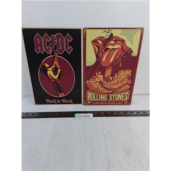 (2) Metal 8" x 12" Rock Signs (AC/DC & Rolling Stones)