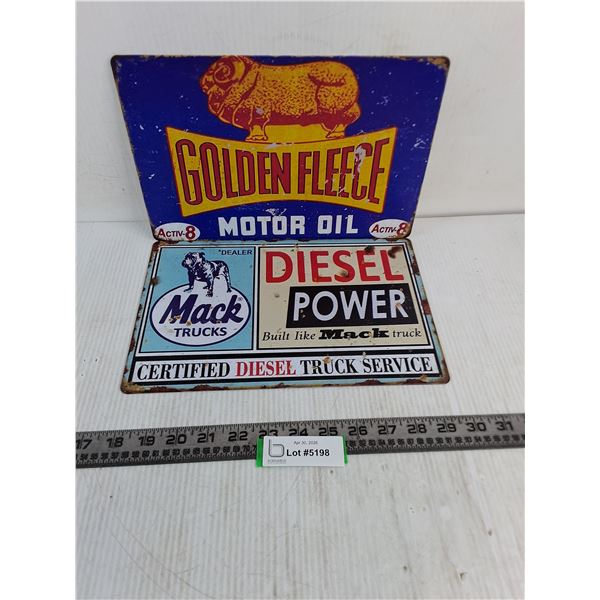 (2) Metal 8" x 12" Fuel Signs (Golden Fleece Oil & Mack Trucks Diesel Service)