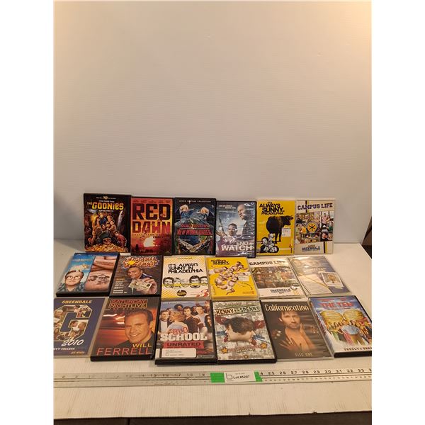 (18)  DVD's- The Goonies, Red Dawn, End Of Watch, Campus Life, Old School, The Ten, Misc