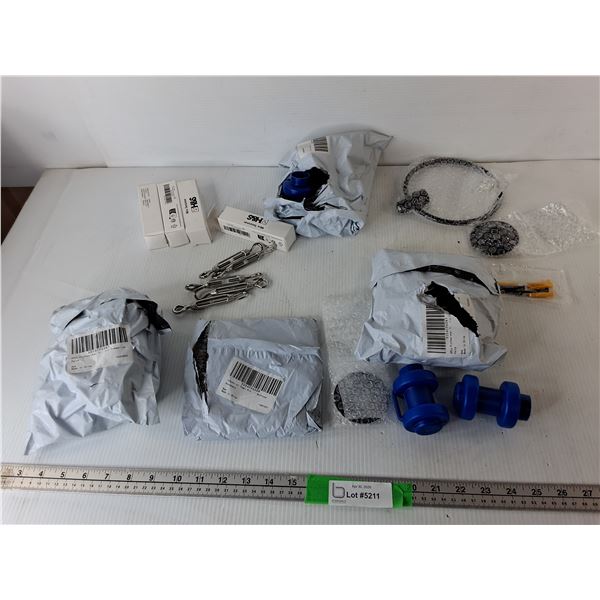 3 Pkgs Trampoline Pole Caps,  (2)  Bathroom Towel Rings, (4) Boxes of Turnbuckle Wire Tensioners