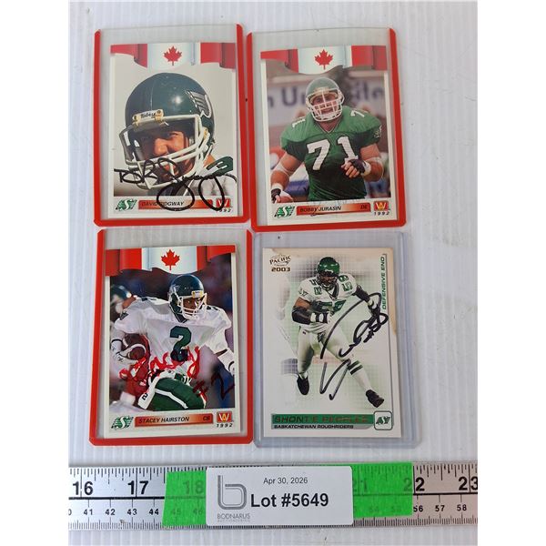 (4) Autographed Saskatchewan Roughrider Cards- Bobby Jurasin, Stacey Hairston, Misc. Cannot Authenti
