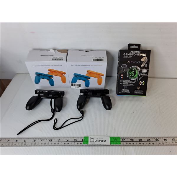 (4) Joy-Pad Comfort Grip & Wrist Straps & Gemstone Pro Wireless Earbuds with Display- Both NIB