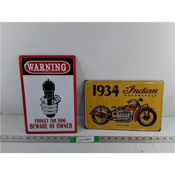 (2) Metal Signs 1934 Indian Motorcyle & Trespassing 11.75" x 8"