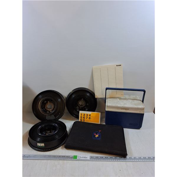 (3) Kodak Carousel Transvue 80 Slide Tray, Coleman Cooler Box 9 1/5"x7 1/4"x7", Binder13.5"x10"