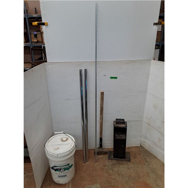 *35" Sledgehammer, Cigarette Butt Stop, (2) Metal Poles 46", Empty 6 Gallon Pail, Misc. Cannot Ship