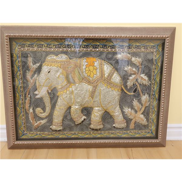 FRAMED ELEPHANT ARTWORK, 35" X 26"