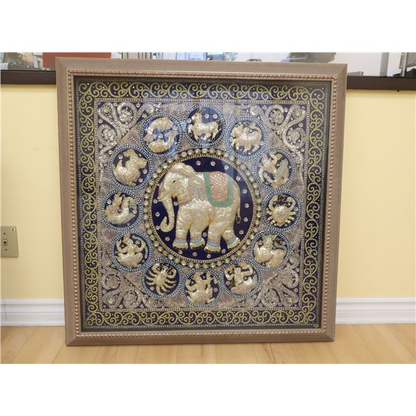 FRAMED ELEPHANT ARTWORK, 37" X 37"