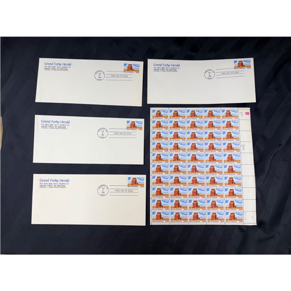 FOUR ENVELOPES (FIRST DAY COVERS) AND ONE FULL SHEET OF NORTH DAKOTA COMMEMORATIVE POSTAGE STAMPS