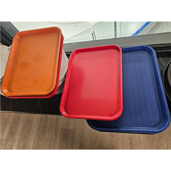 Lot of  19 Assorted Plastic Serving Trays in Red, Blue, and Orange