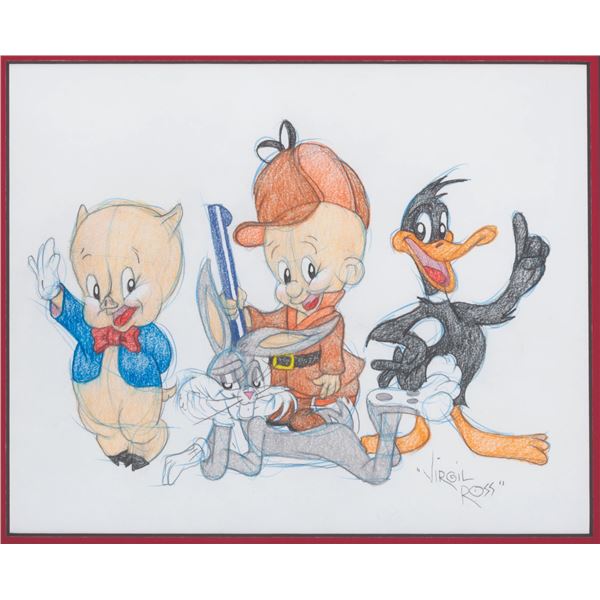 A Virgil Ross Signed Porky, Elmer, Bugs, and Daffy Drawing.
