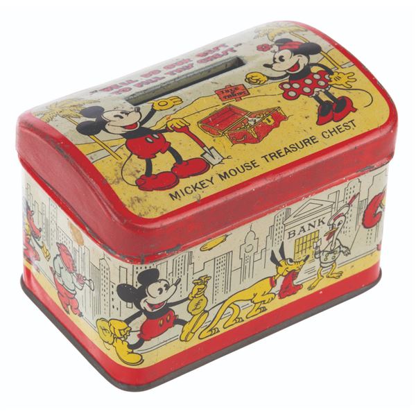 A Mickey Mouse Treasure Chest Tin Bank.